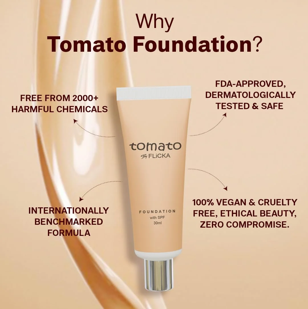 FLiCKA Tomato Liquid Foundation for Face Makeup – 30ml, 03 Caramel, Light to Medium Buildable Coverage, Moisturizing Lightweight, Long-Lasting Suitable for All Skin Types – Radiant Natural Finish image 7