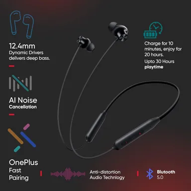 OnePlus Bullets Z2 Bluetooth Wireless In‑Ear Neckband Earphones with Mic | 12.4 mm Bombastic Bass Drivers, Fast Charge 10 Mins |20 Hrs Playback, Up to 30 Hrs Battery Life, IP55 Sweat Water‑Resistant Neckband Earphones |Magico Black thumbnail 5