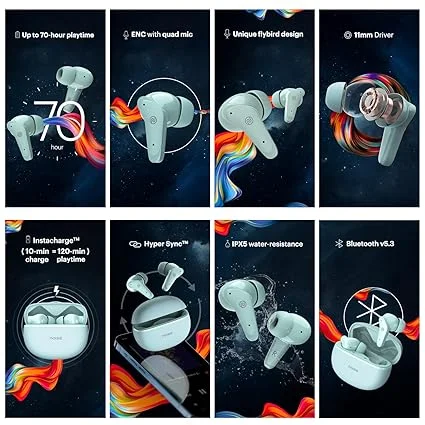 Noise Buds VS102 Plus Truly Wireless Bluetooth Earbuds with 70 Hours Playtime  Quad Mic ENC for Clear Calls Instacharge Fast Charging 10 Min = 120 Min  Bluetooth v5.3, Low Latency Gaming Mode Touch Controls, Comfortable Flybird Design Calm Blue image 2