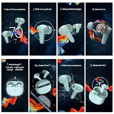 Noise Buds VS102 Plus Truly Wireless Bluetooth Earbuds with 70 Hours Playtime  Quad Mic ENC for Clear Calls Instacharge Fast Charging 10 Min = 120 Min  Bluetooth v5.3, Low Latency Gaming Mode Touch Controls, Comfortable Flybird Design Calm Blue thumbnail 1