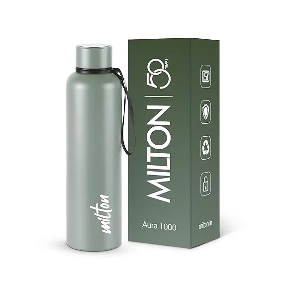 Milton Aura 1000 Thermosteel Water Bottle, 1 Litre | 24 Hr Hot & Cold | Leak-Proof Lid | Vacuum Insulated | ISI Certified | Durable Stainless Steel | For Office, Gym, School | Grey image 1