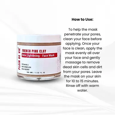 Plein De Vie Skin Lightening Face Mask with French Pink Clay Vitamin C Watermelon Extract Goji Berry Brightening Glow Skin Detox Pore Cleansing Hydrating Facial Mask for Men and Women All Skin Types 100g thumbnail 4