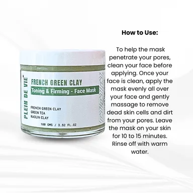 Plein De Vie Toning & Firming Face Mask with French Green Clay Green Tea Extract Kaolin Clay for Deep Cleansing Pore Tightening Skin Detox Oil Control Hydrating Facial Mask for Men and Women All Skin Types 100g thumbnail 4