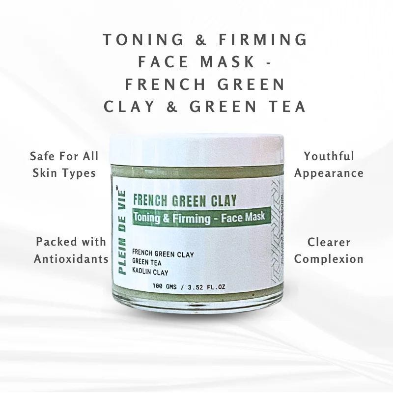 Plein De Vie Toning & Firming Face Mask with French Green Clay Green Tea Extract Kaolin Clay for Deep Cleansing Pore Tightening Skin Detox Oil Control Hydrating Facial Mask for Men and Women All Skin Types 100g image 1