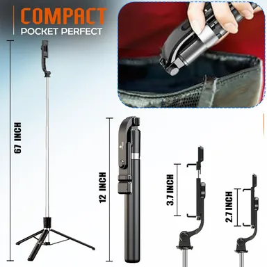 Kratos K9 Selfie Stick Tripod with LED Ring Light – 67 Inches / 170CM Reinforced Adjustable Tripod for Mobile Phones Travel, Vlogging, Live Streaming, Compatible with iPhone, Samsung, Xiaomi, OnePlus | All Smartphones thumbnail 6