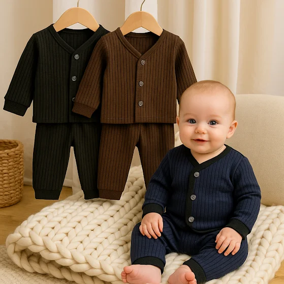 Baby Ribbed Two-Piece Cotton Set |Long Sleeve Top & Pants, Soft & Comfortable Outfit for Newborns and Infants, Available in Black, Brown & Navy image 3