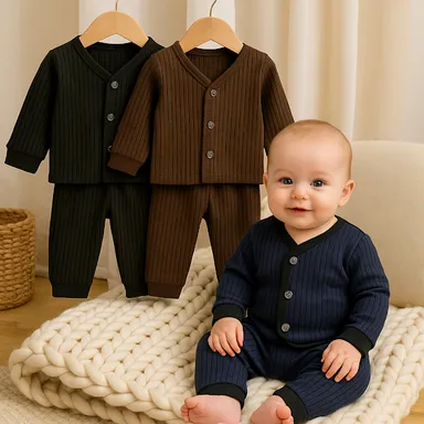 Baby Ribbed Two-Piece Cotton Set |Long Sleeve Top & Pants, Soft & Comfortable Outfit for Newborns and Infants, Available in Black, Brown & Navy thumbnail 2
