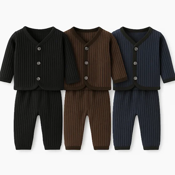 Baby Ribbed Two-Piece Cotton Set |Long Sleeve Top & Pants, Soft & Comfortable Outfit for Newborns and Infants, Available in Black, Brown & Navy image 1