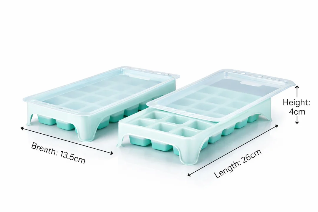 2 Pcs Mint Green Plastic Ice Cube Tray with Lid 14 Grid Flexible BPA-Free Ice Mould Set for Freezer Fridge Water Juice Whiskey & Cocktail Stackable Space-Saving Kitchen Organizer for Home Use image 4