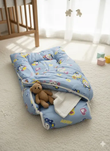Baby Sleeping Nest Bed with Soft Padded Sides |Cozy Infant Lounger with Cute Cartoon Print, Blue, Comfortable Baby Bed for Newborns & Infants thumbnail 2