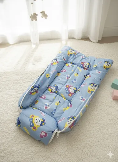 Baby Sleeping Nest Bed with Soft Padded Sides |Cozy Infant Lounger with Cute Cartoon Print, Blue, Comfortable Baby Bed for Newborns & Infants thumbnail 3