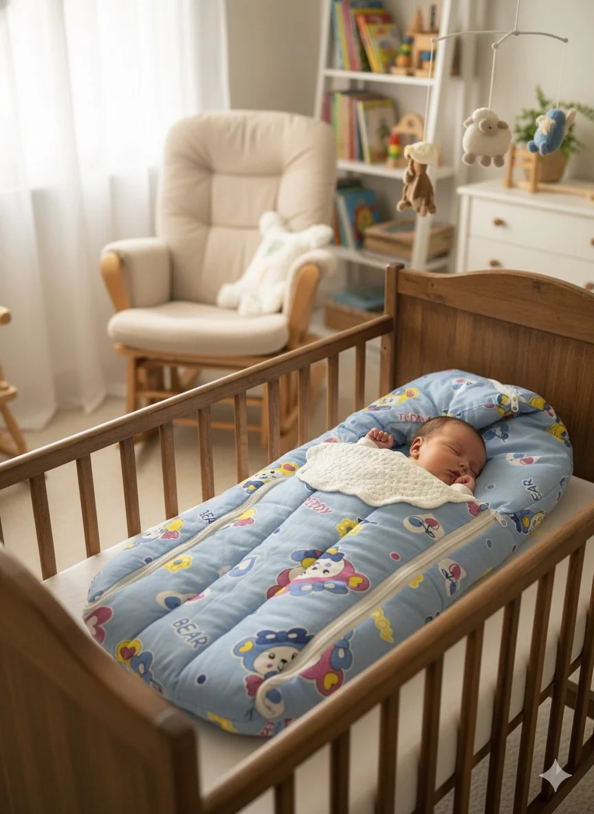 Baby Sleeping Nest Bed with Soft Padded Sides |Cozy Infant Lounger with Cute Cartoon Print, Blue, Comfortable Baby Bed for Newborns & Infants image 1