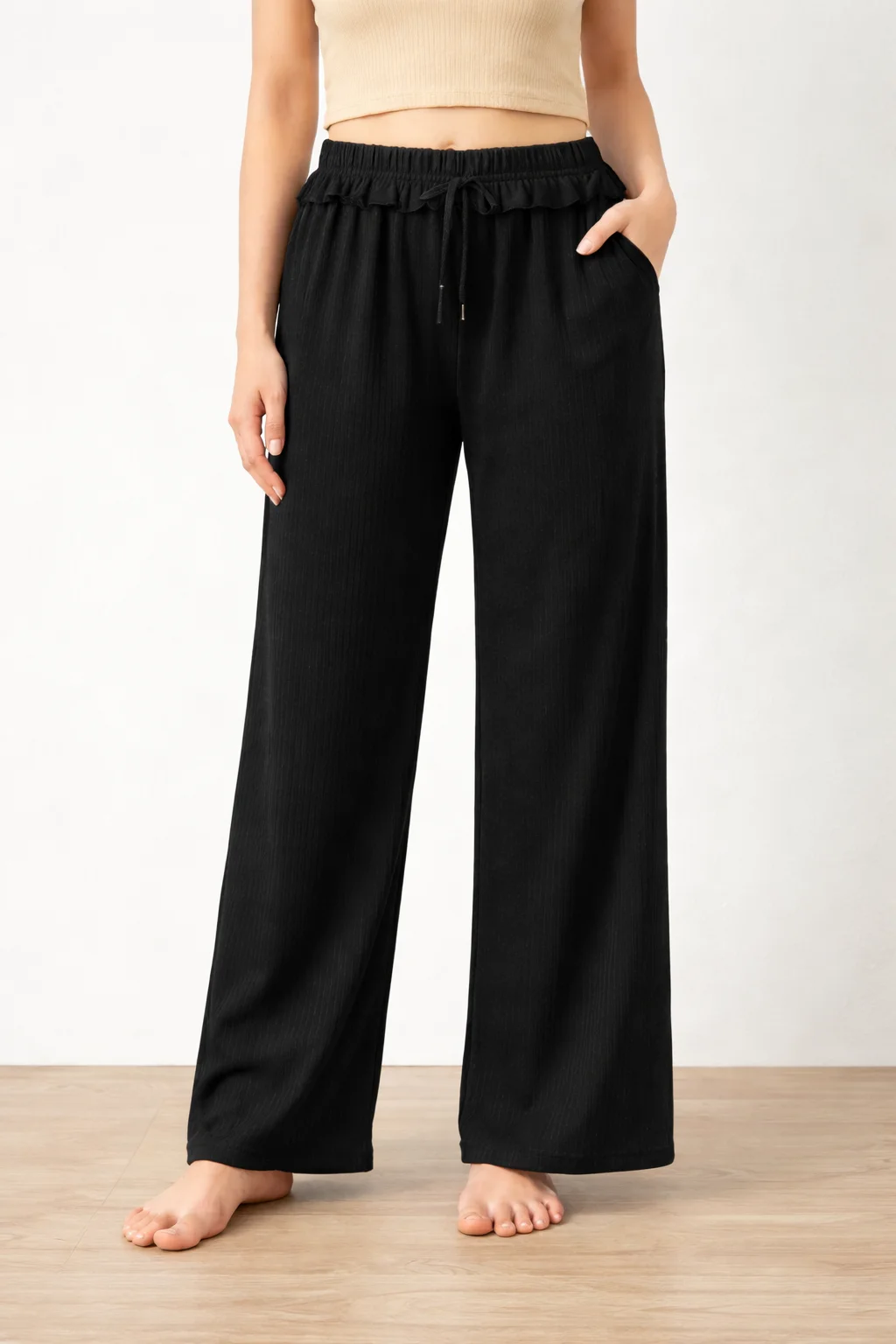 Women’s Black Wide Leg Palazzo Pants with Elastic Waist, Size XL | Soft Comfortable Casual Wear Trousers for Daily & Office Use image 1