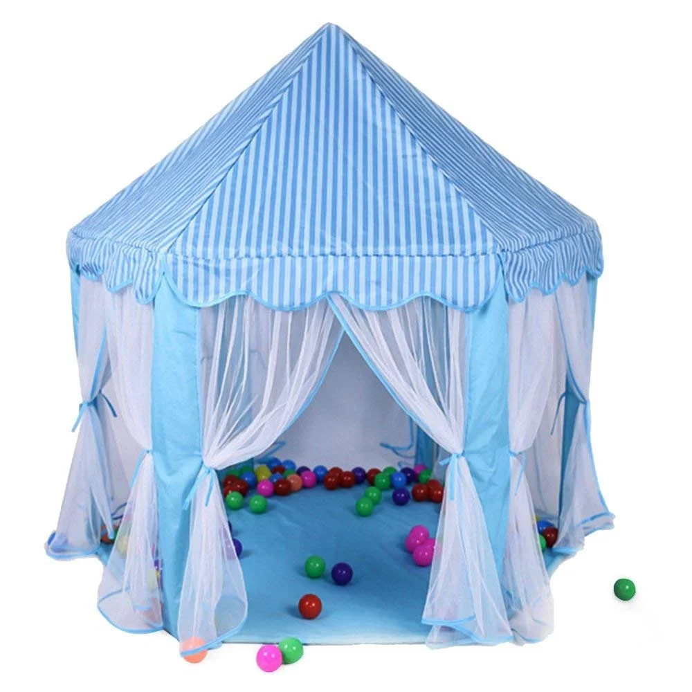 Blue Princess Castle Play Tent for Kids with Curtains and Scalloped Canopy Indoor Outdoor Playhouse Fort for Girls & Boys – Foldable Imaginative Dream House Tent with Mesh Windows and Easy Assembly image 1