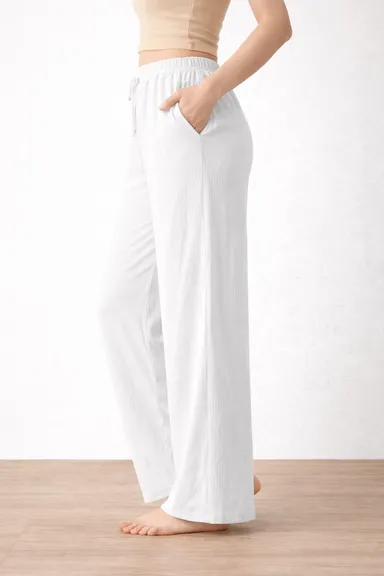 Women’s White Wide Leg Palazzo Pants with Elastic Waist, Size L | Soft Comfortable Casual Wear Trousers for Daily & Office Use thumbnail 2