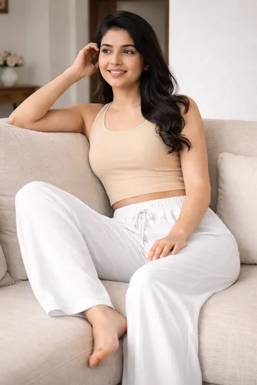 Women’s White Wide Leg Palazzo Pants with Elastic Waist, Size L | Soft Comfortable Casual Wear Trousers for Daily & Office Use thumbnail 3