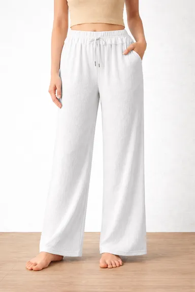 Women’s White Wide Leg Palazzo Pants with Elastic Waist, Size L | Soft Comfortable Casual Wear Trousers for Daily & Office Use thumbnail 0