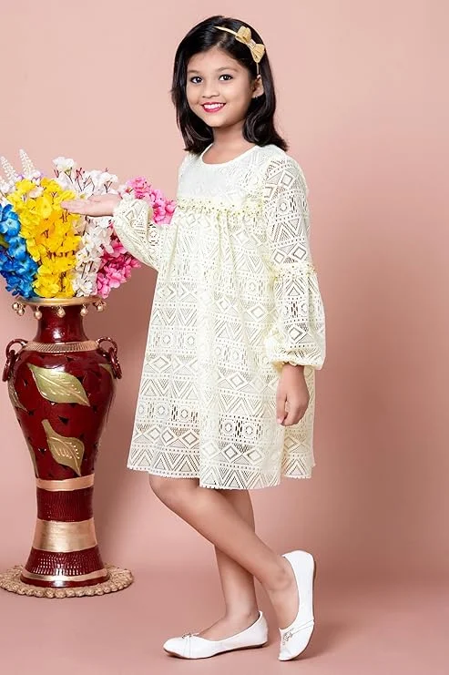 Baby Girls Party Dress Full Sleeve Knee Length White for 4-5 Years | Elegant Princess Style| Comfortable Cotton Fabric|Birthday & Festive Wear image 3