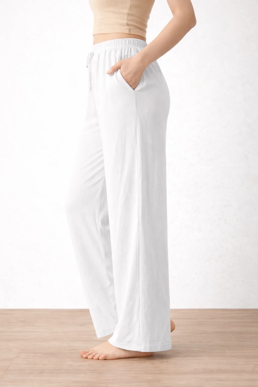 Women’s White Wide Leg Palazzo Pants with Elastic Waist, Size XL | Soft Comfortable Casual Wear Trousers for Daily & Office Use image 3
