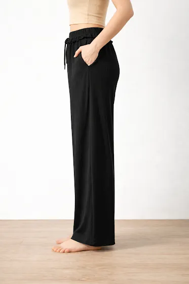 Women’s Black Wide Leg Palazzo Pants with Elastic Waist Soft Comfortable Casual Daily Office Wear Trousers Flowy Summer Bottomwear Breathable Plus Free Size High Waist Palazzo for Women thumbnail 1