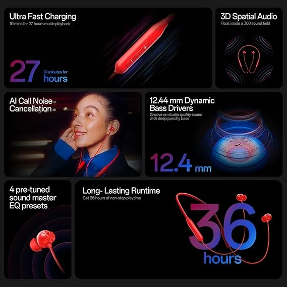 OnePlus Bullets Wireless Z2 Neckband Earphones 12.4mm Driver 3D Spatial Audio Bluetooth 5.4 Fast Charge 10 Mins = 27 Hr Playback AI ENC Call Noise Cancelling IP55 Sweatproof BassWave EQ Presets image 2