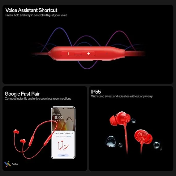 OnePlus Bullets Wireless Z2 Neckband Earphones 12.4mm Driver 3D Spatial Audio Bluetooth 5.4 Fast Charge 10 Mins = 27 Hr Playback AI ENC Call Noise Cancelling IP55 Sweatproof BassWave EQ Presets image 3
