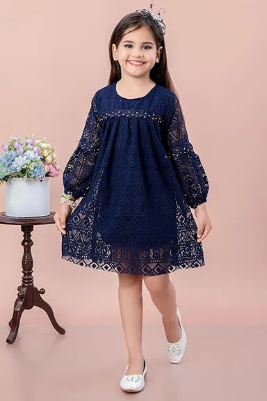 Baby Girls Party Dress Full Sleeve Knee Length Blue for 2–3 Years | Elegant Princess Style | Comfortable Cotton Fabric | Birthday & Festive Wear thumbnail 2