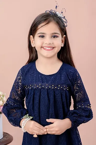 Baby Girls Party Dress Full Sleeve Knee Length Blue for 3–4 Years | Elegant Princess Style | Comfortable Cotton Fabric | Birthday & Festive Wear thumbnail 1