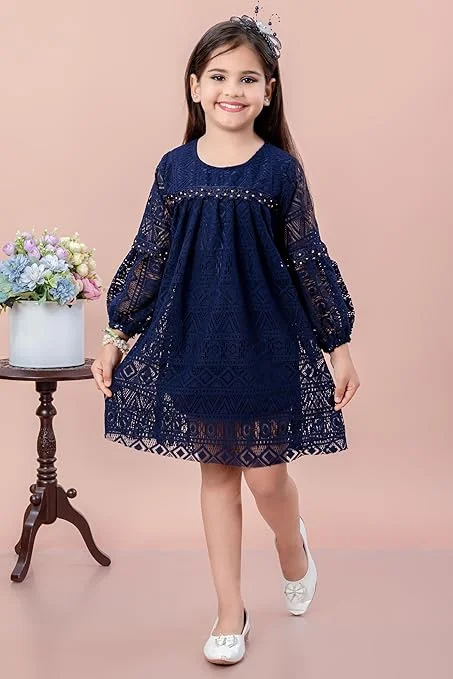 Baby Girls Party Dress Full Sleeve Knee Length Blue for 3–4 Years | Elegant Princess Style | Comfortable Cotton Fabric | Birthday & Festive Wear image 3