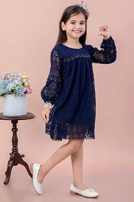 Baby Girls Party Dress Full Sleeve Knee Length Blue for 3–4 Years | Elegant Princess Style | Comfortable Cotton Fabric | Birthday & Festive Wear image 5