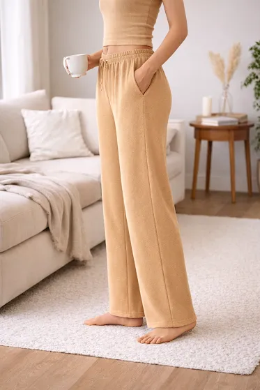 Women’s Cream High Waist Wide Leg Palazzo Pants Size XL Loose Fit Soft Comfortable Casual Lounge Trousers with Pockets Daily Office Travel Wear Breathable Flowy Bottoms thumbnail 3
