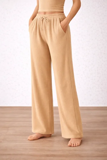 Women’s Cream High Waist Wide Leg Palazzo Pants Size XL Loose Fit Soft Comfortable Casual Lounge Trousers with Pockets Daily Office Travel Wear Breathable Flowy Bottoms image 1