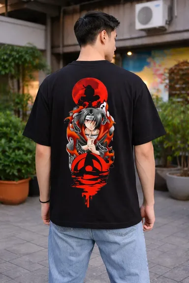 Red Moon Shinobi – Premium Anime Oversized T-Shirt thumbnail 1
