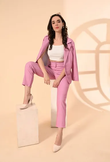 Women’s 3-Piece Cotton Blend Suit Set – Formal Blazer, High-Waist Pants & Camisole Top | Elegant Office Wear & Business Attire for Work, Meetings, and Events-Pink Women’s 3-Piece Cotton Blend Suit Set – Formal Blazer, High-Waist Pants &amp thumbnail 6