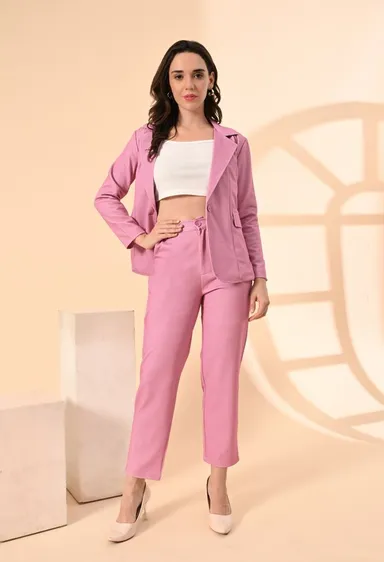 Women’s 3-Piece Cotton Blend Suit Set – Formal Blazer, High-Waist Pants & Camisole Top | Elegant Office Wear & Business Attire for Work, Meetings, and Events-Pink Women’s 3-Piece Cotton Blend Suit Set – Formal Blazer, High-Waist Pants &amp thumbnail 4