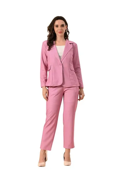 Women’s 3-Piece Cotton Blend Suit Set – Formal Blazer, High-Waist Pants & Camisole Top | Elegant Office Wear & Business Attire for Work, Meetings, and Events-Pink Women’s 3-Piece Cotton Blend Suit Set – Formal Blazer, High-Waist Pants &amp thumbnail 0