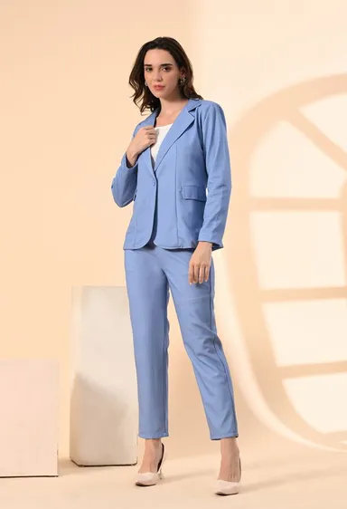 Women’s 3-Piece Cotton Blend Suit Set – Formal Blazer, High-Waist Pants & Camisole Top | Elegant Office Wear & Business Attire for Work, Meetings, and Events-Blue Women’s 3-Piece Cotton Blend Suit Set – Formal Blazer, High-Waist Pants & thumbnail 2