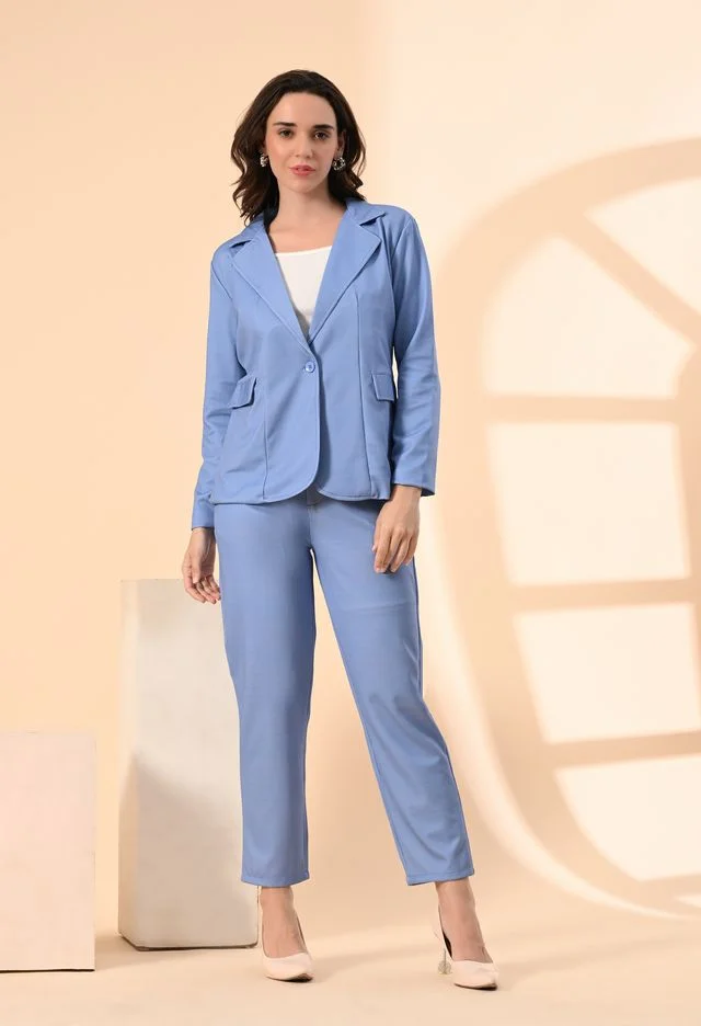 Women’s 3-Piece Cotton Blend Suit Set – Formal Blazer, High-Waist Pants & Camisole Top | Elegant Office Wear & Business Attire for Work, Meetings, and Events-Blue Women’s 3-Piece Cotton Blend Suit Set – Formal Blazer, High-Waist Pants & image 1