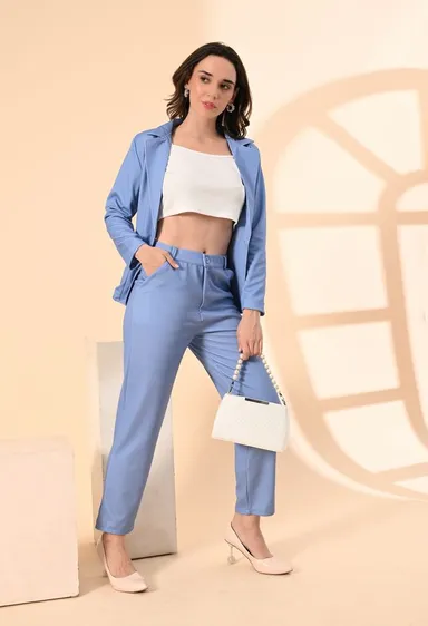 Women’s 3-Piece Cotton Blend Suit Set – Formal Blazer, High-Waist Pants & Camisole Top | Elegant Office Wear & Business Attire for Work, Meetings, and Events-Blue Women’s 3-Piece Cotton Blend Suit Set – Formal Blazer, High-Waist Pants & thumbnail 6