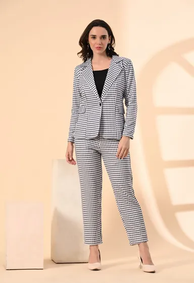 Women’s 3-Piece Cotton Blend Suit Set – Formal Blazer, High-Waist Pants & Camisole Top | Elegant Office Wear & Business Attire for Work, Meetings, and Events-Black and White Women’s 3-Piece Cotton Blend Suit Set – Formal Blazer, High-Waist thumbnail 4