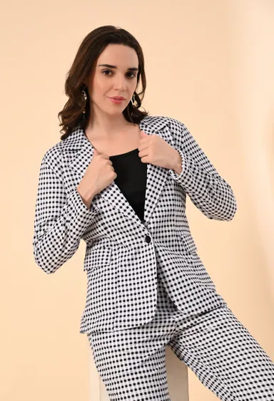 Women’s 3-Piece Cotton Blend Suit Set – Formal Blazer, High-Waist Pants & Camisole Top | Elegant Office Wear & Business Attire for Work, Meetings, and Events-Black and White Women’s 3-Piece Cotton Blend Suit Set – Formal Blazer, High-Waist thumbnail 3