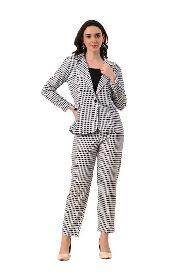 Women’s 3-Piece Cotton Blend Suit Set – Formal Blazer, High-Waist Pants & Camisole Top | Elegant Office Wear & Business Attire for Work, Meetings, and Events-Black and White Women’s 3-Piece Cotton Blend Suit Set – Formal Blazer, High-Waist thumbnail 0