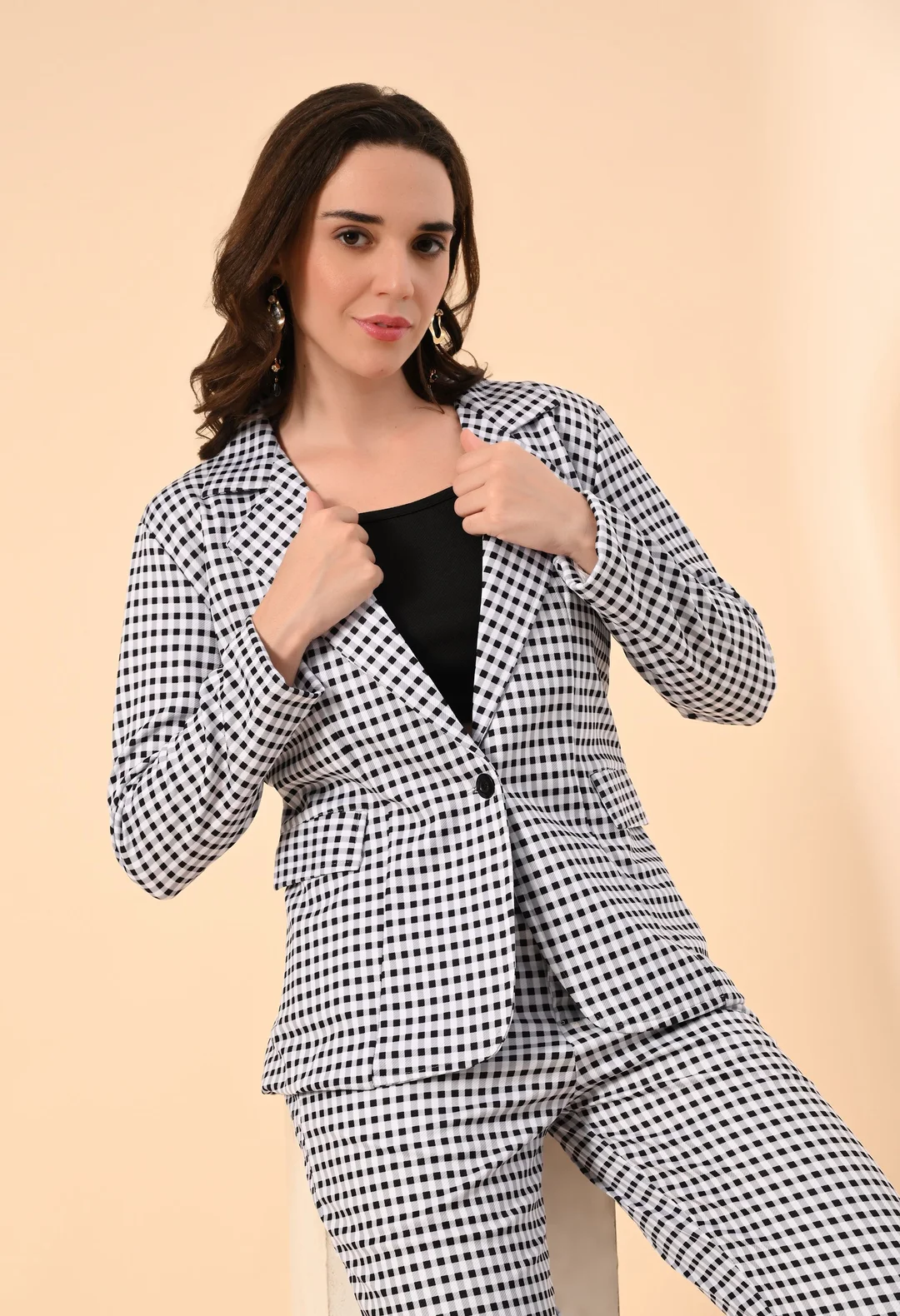 Women’s 3-Piece Cotton Blend Suit Set – Formal Blazer, High-Waist Pants & Camisole Top | Elegant Office Wear & Business Attire for Work, Meetings, and Events-Black and White Women’s 3-Piece Cotton Blend Suit Set – Formal Blazer, High-Waist image 4