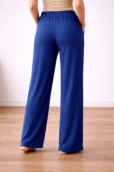 Women’s Blue High Waist Wide Leg Palazzo Pants |Loose Fit Lounge Trousers with Drawstring Pockets, Soft Comfortable Casual Travel & Office Wear Women Blue High Waist Wide Leg Palazzo Pants  L thumbnail 1