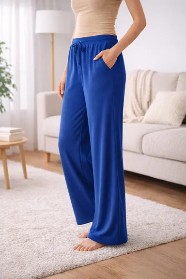 Women’s Blue High Waist Wide Leg Palazzo Pants |Loose Fit Lounge Trousers with Drawstring Pockets, Soft Comfortable Casual Travel & Office Wear Women Blue High Waist Wide Leg Palazzo Pants  L thumbnail 3