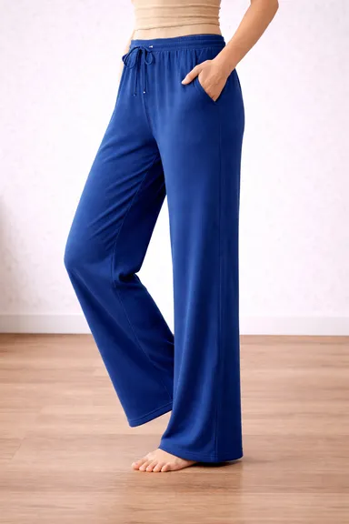 Women’s Blue High Waist Wide Leg Palazzo Pants |Loose Fit Lounge Trousers with Drawstring Pockets, Soft Comfortable Casual Travel & Office Wear Women Blue High Waist Wide Leg Palazzo Pants  L thumbnail 4