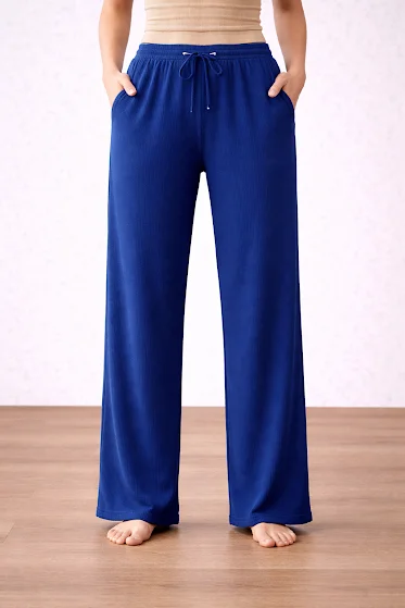Women’s Blue High Waist Wide Leg Palazzo Pants |Loose Fit Lounge Trousers with Drawstring Pockets, Soft Comfortable Casual Travel & Office Wear Women Blue High Waist Wide Leg Palazzo Pants L image 1