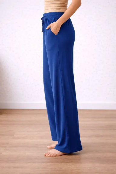Women’s Blue High Waist Wide Leg Palazzo Pants |Loose Fit Lounge Trousers with Drawstring Pockets, Soft Comfortable Casual Travel & Office Wear Women Blue High Waist Wide Leg Palazzo Pants  Free Size thumbnail 2