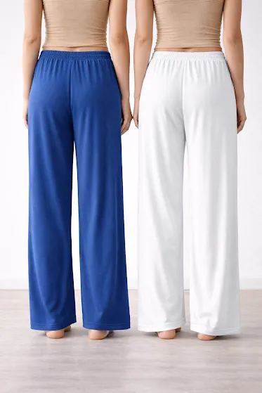 Women’s Blue & White High Waist Wide Leg Palazzo Pants Combo with Drawstring Pockets – Soft Breathable Loose Fit Lounge Trousers for Casual Office Travel Wear Women’s Blue & White High Waist Wide Leg Palazzo Pants Free Size thumbnail 1