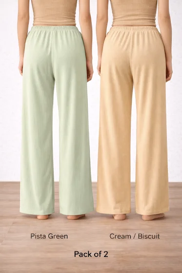 Women’s Pista Green & Cream High Waist Wide Leg Palazzo Pants Combo – Loose Fit Lounge Trousers with Drawstring Pockets, Soft Comfortable Casual Travel & Office Wear (Pack of 2) Women’s Pista Green & Cream High Waist Wide Leg Palazzo Pan image 2